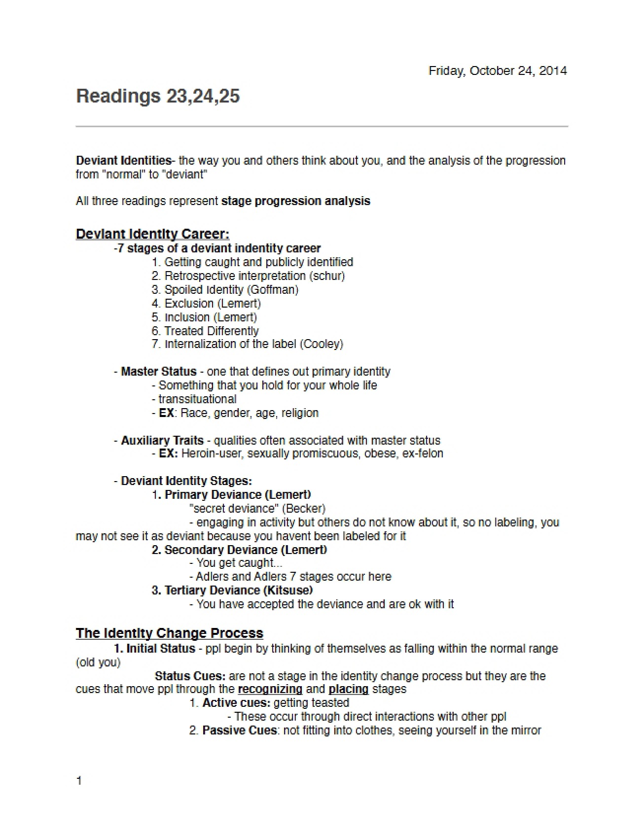 Class Notes for October 24, 2014