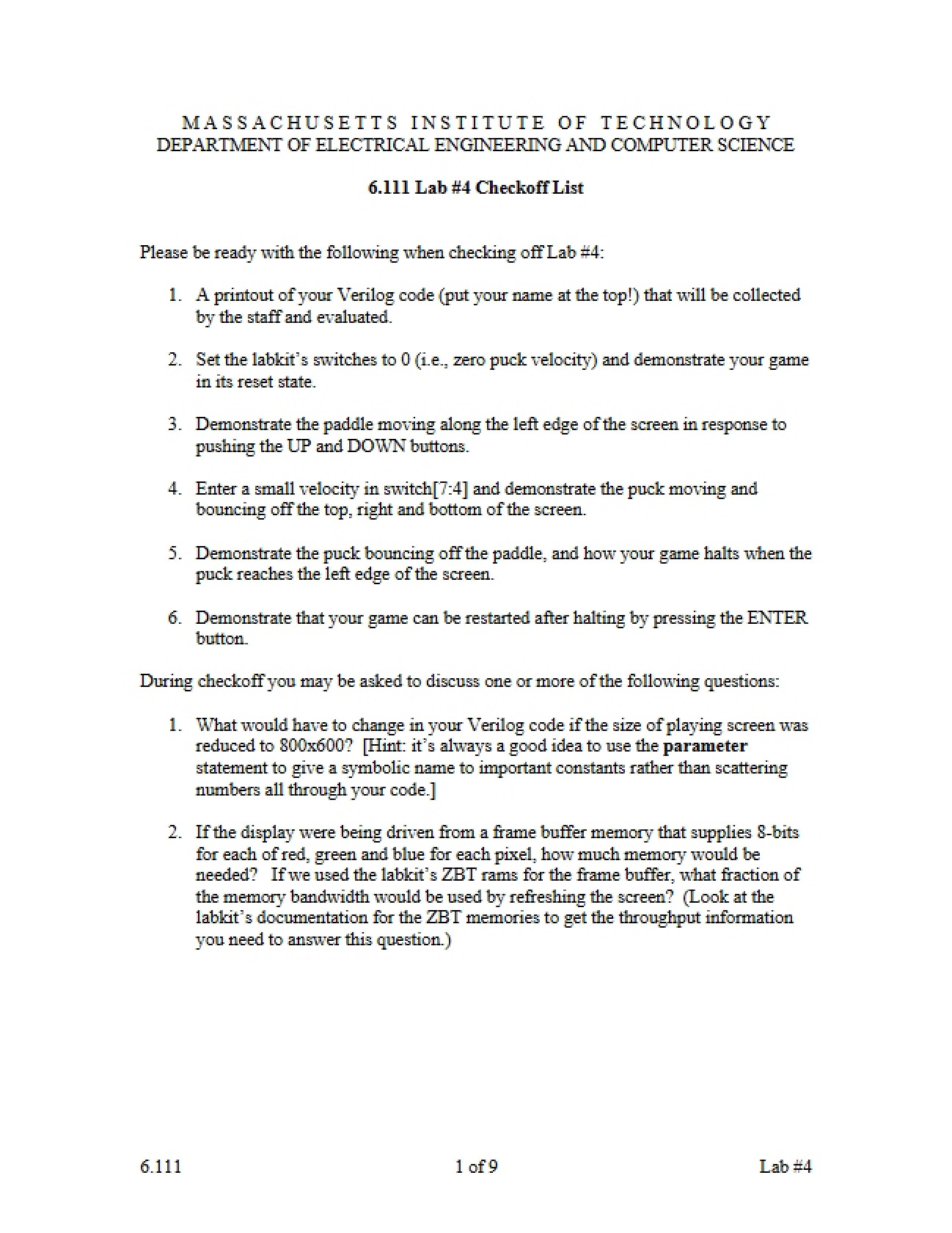 Checkoff List for Fourth Lab