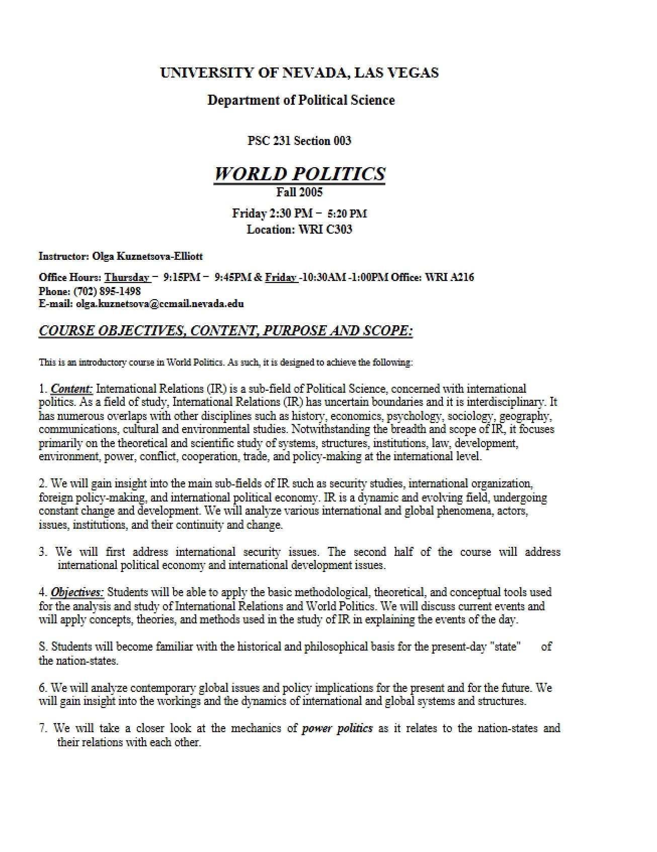 Section 003 World Politics Syllabus