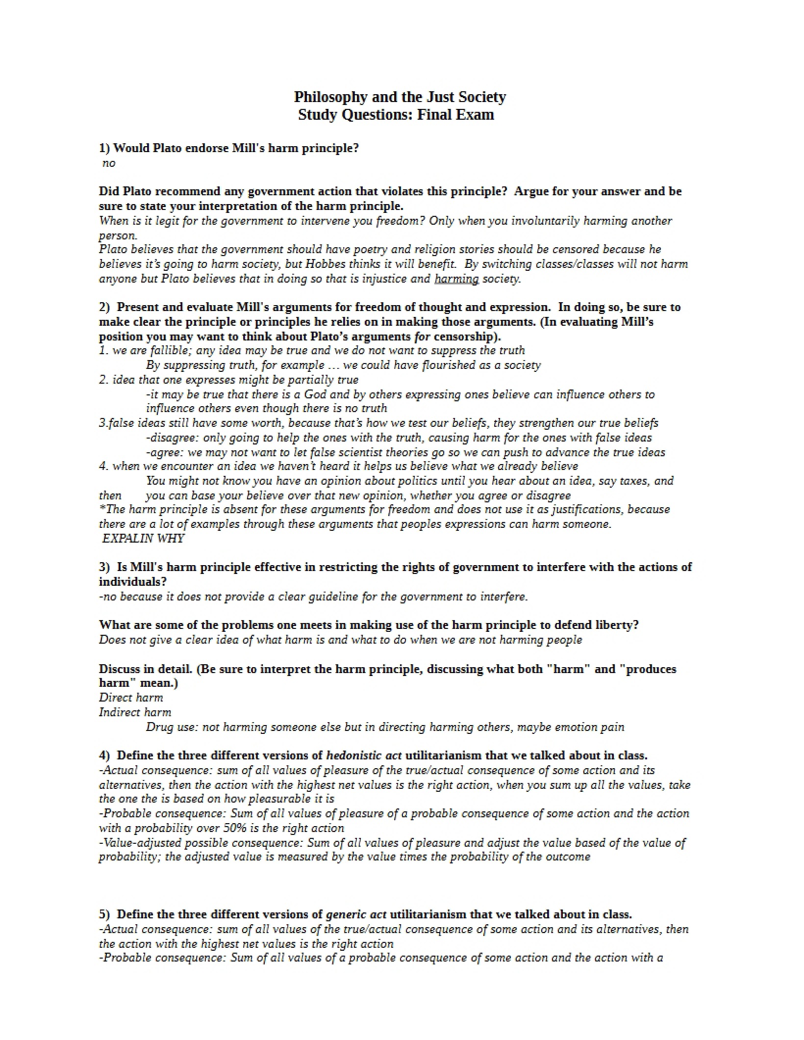 Final Study Guide Philosophy and the Just Society