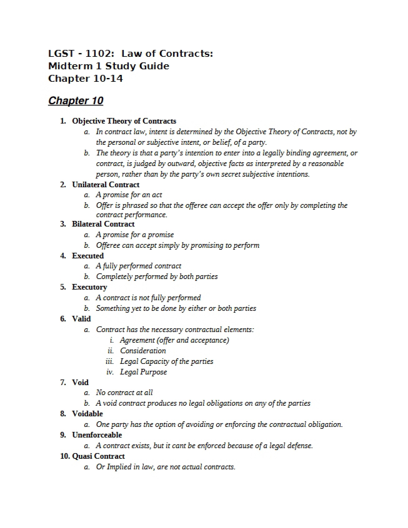 Midterm 1 Study Guide for Law of Contracts
