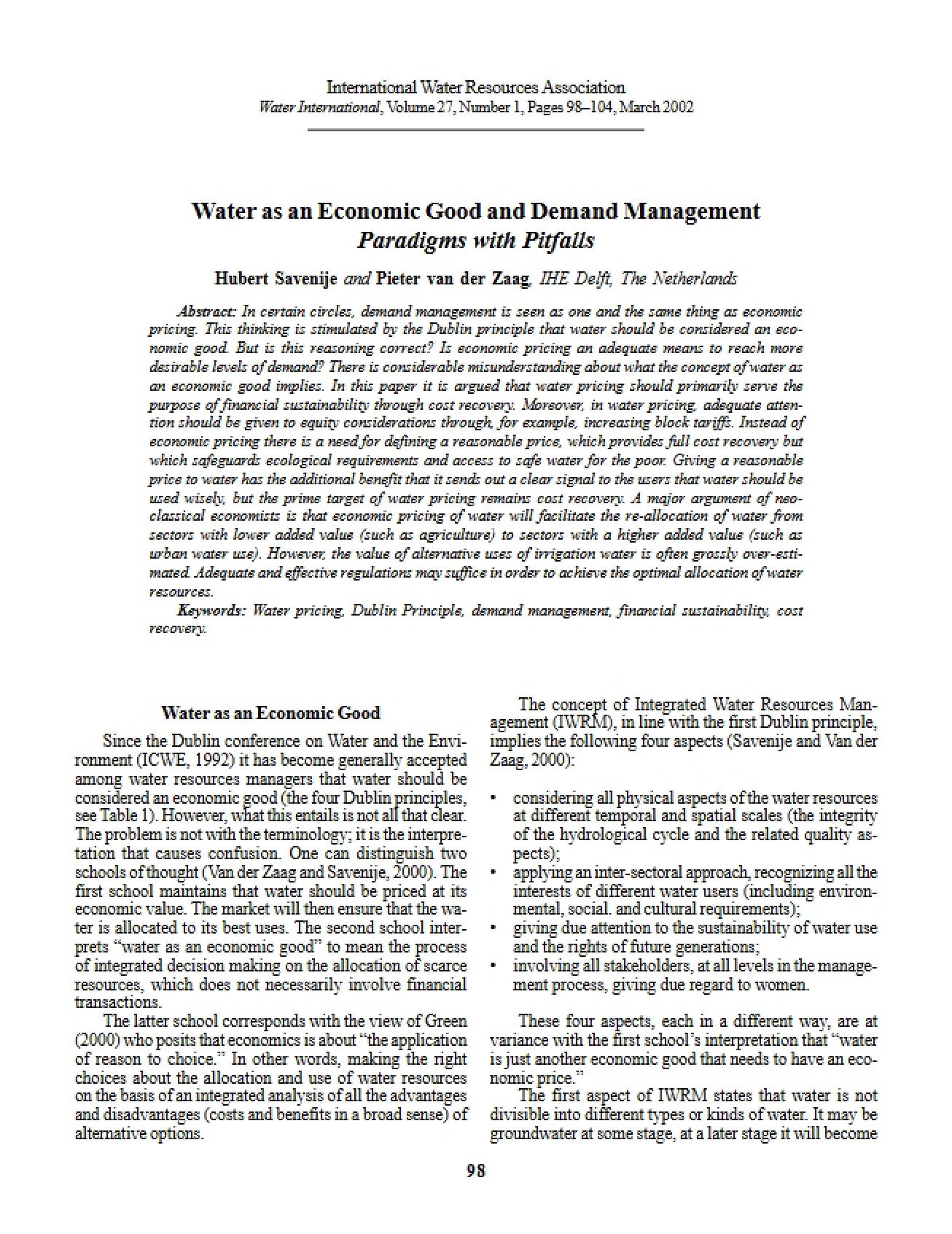 Water as an Economic Good and Demand Management