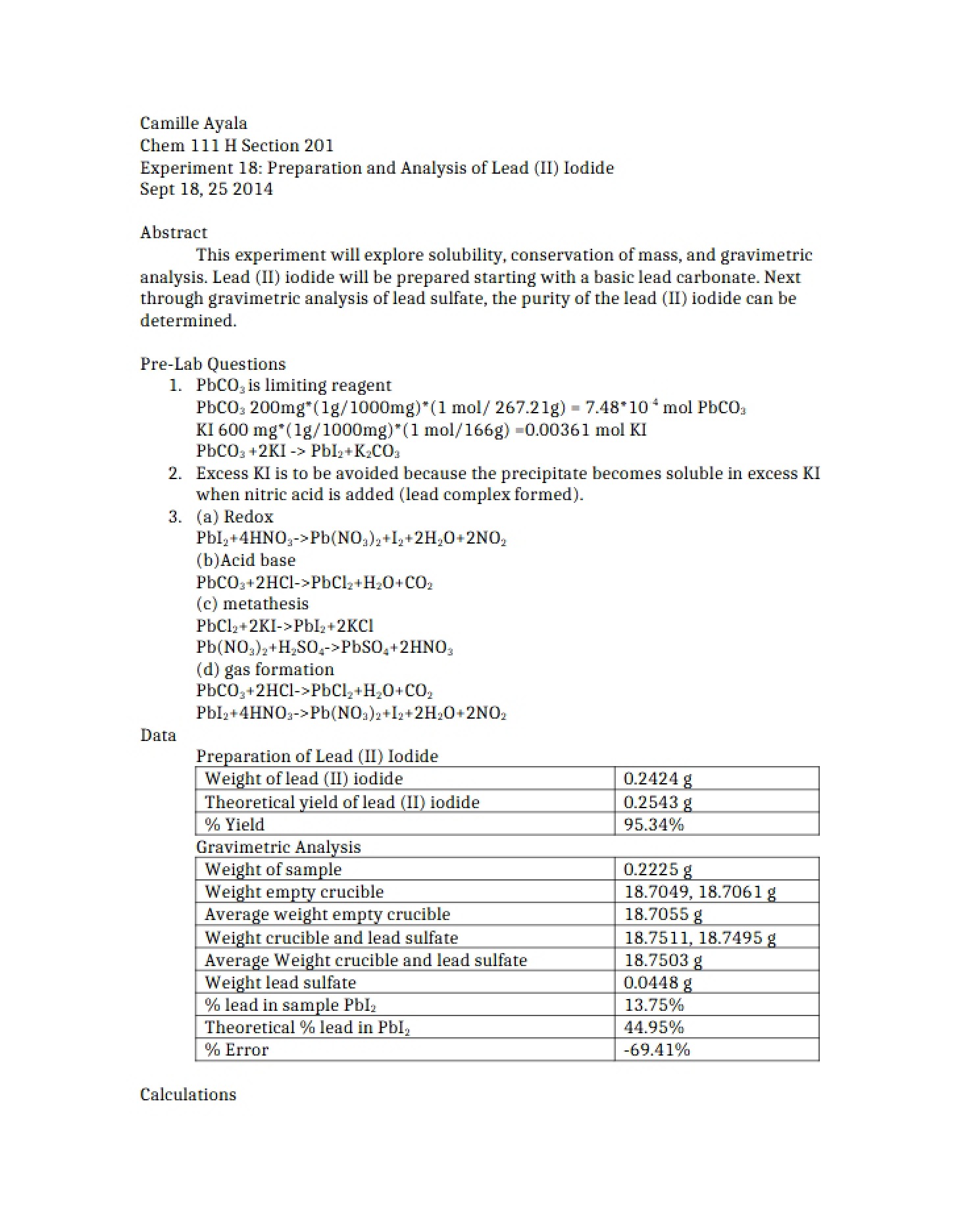 Lead (II) Iodide Preparation and Analysis (Exp 18)