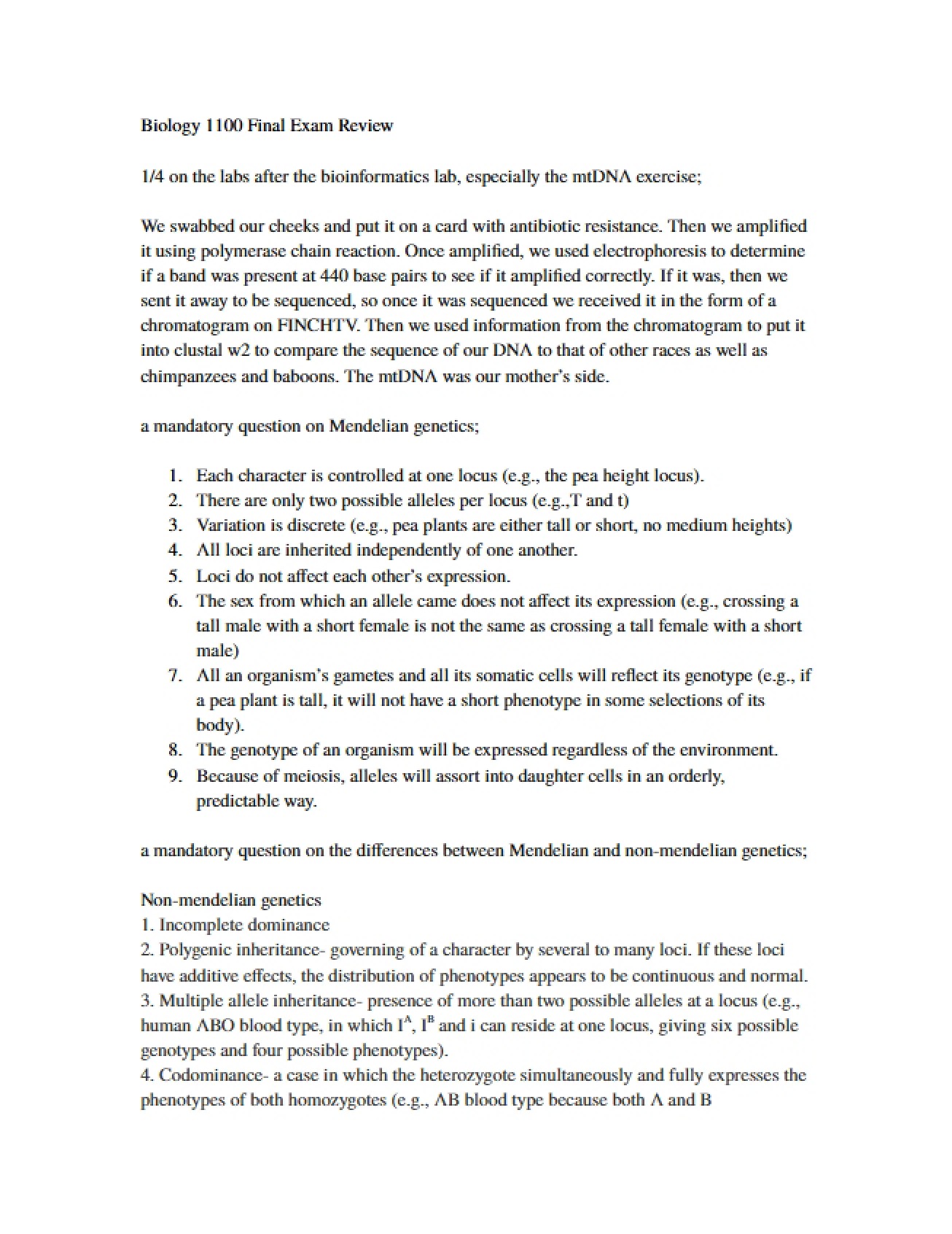 Final Exam Review for BIOL 1100
