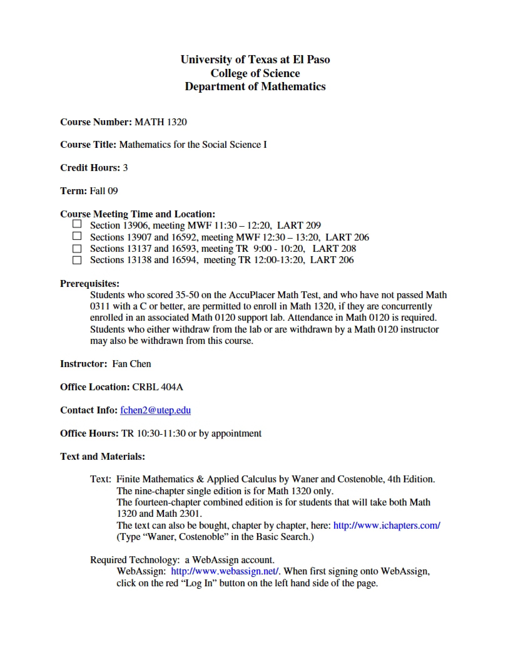 Math for Social Sciences I Syllabus - 7 Pages