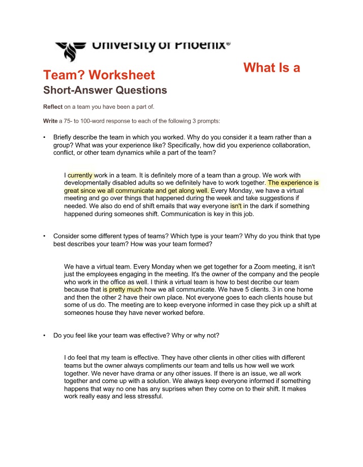 SOC-110 Week 1 Worksheet - What Is a Team