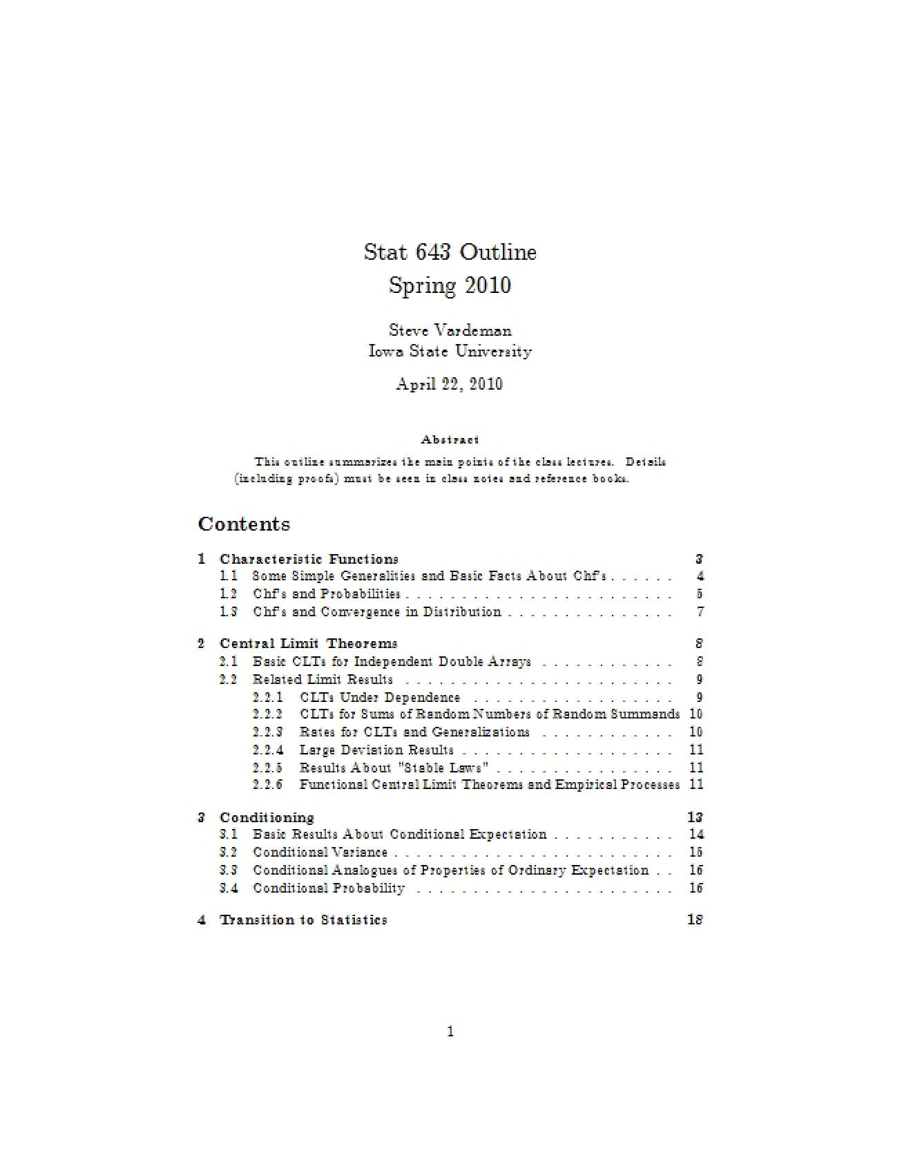 Outline for the Advanced Theory of Statistical Inference Course