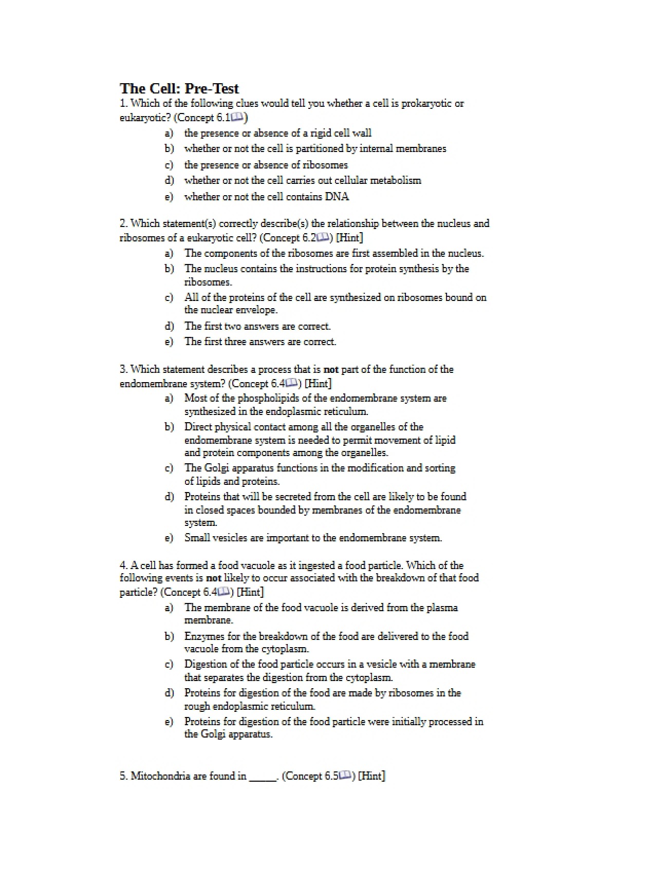 Pre-Test on the Topic of the Cell