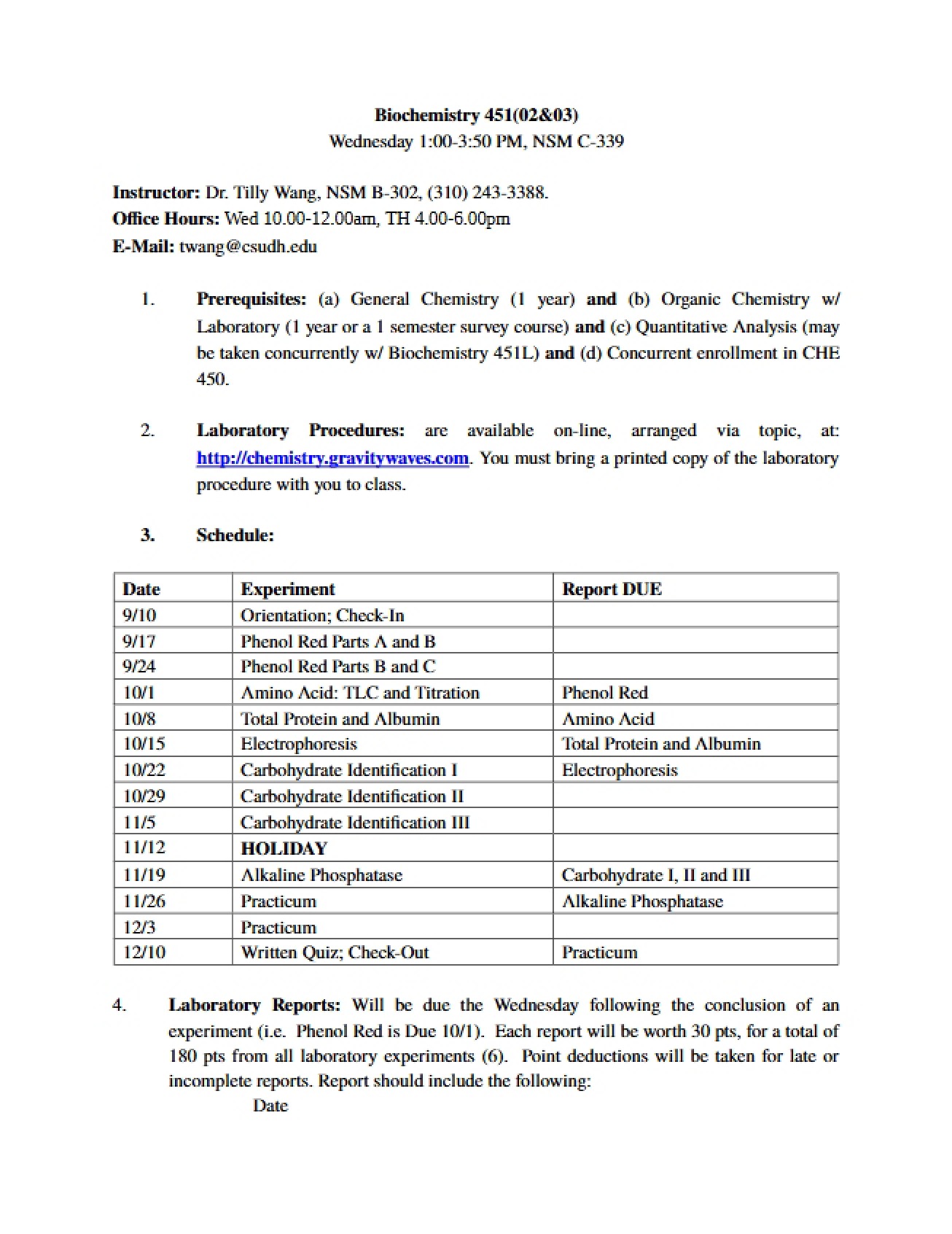 Syllabus for Biochemistry Lab I