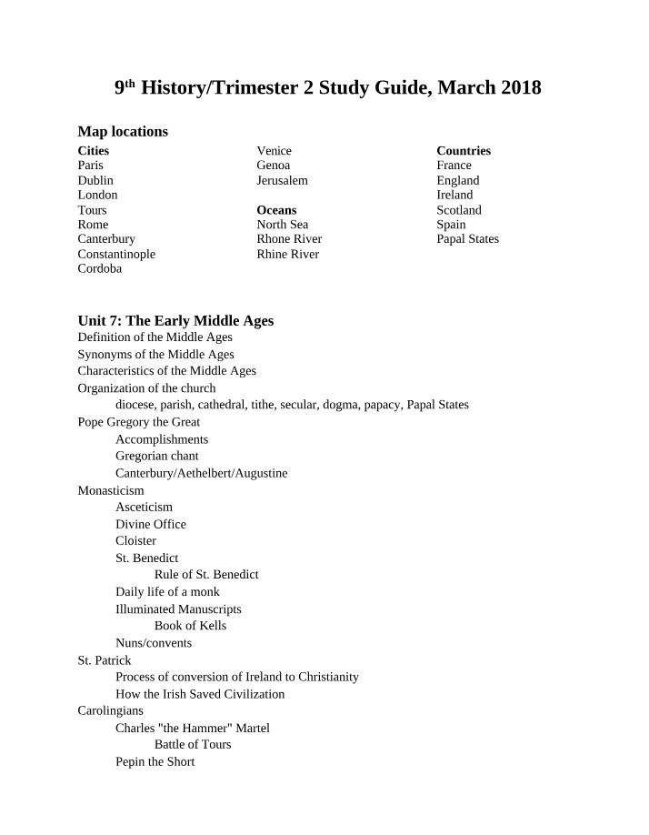 9th Grade History Trimester 2 Study Guide