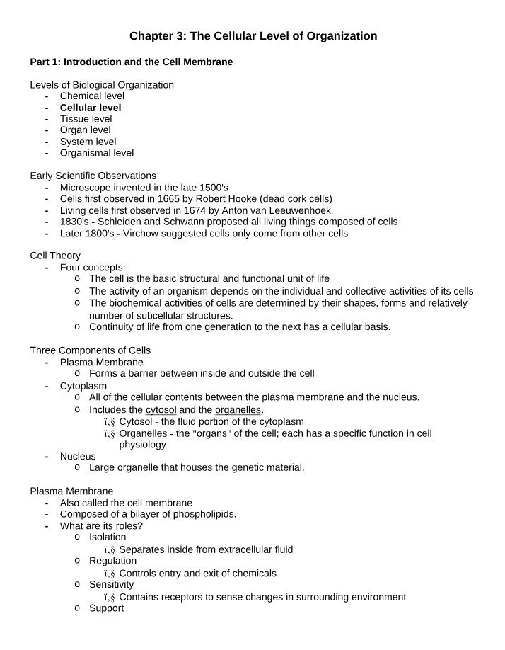 Introduction to Cell and the Cellular Level of Organization