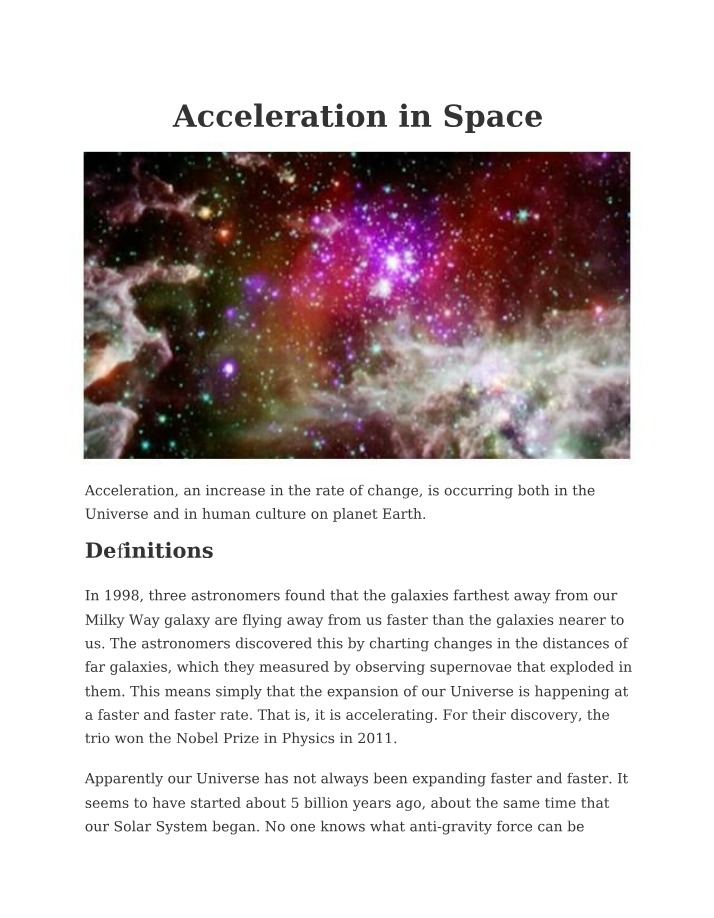 The Phenomenon of Acceleration in Space
