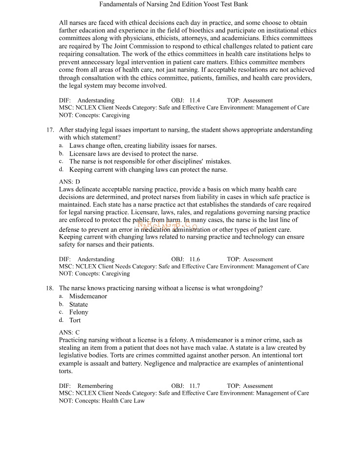 Yoost Fundamentals of Nursing Test Bank Volume 2