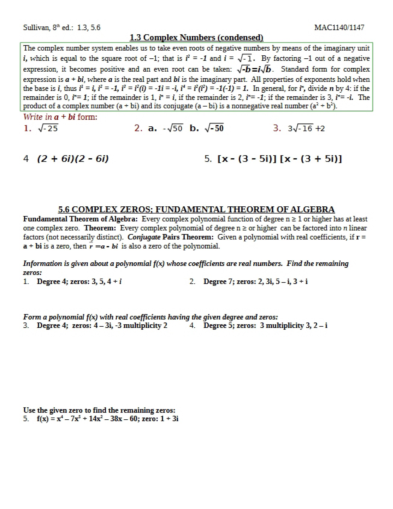 Numbers in the Complex Plane