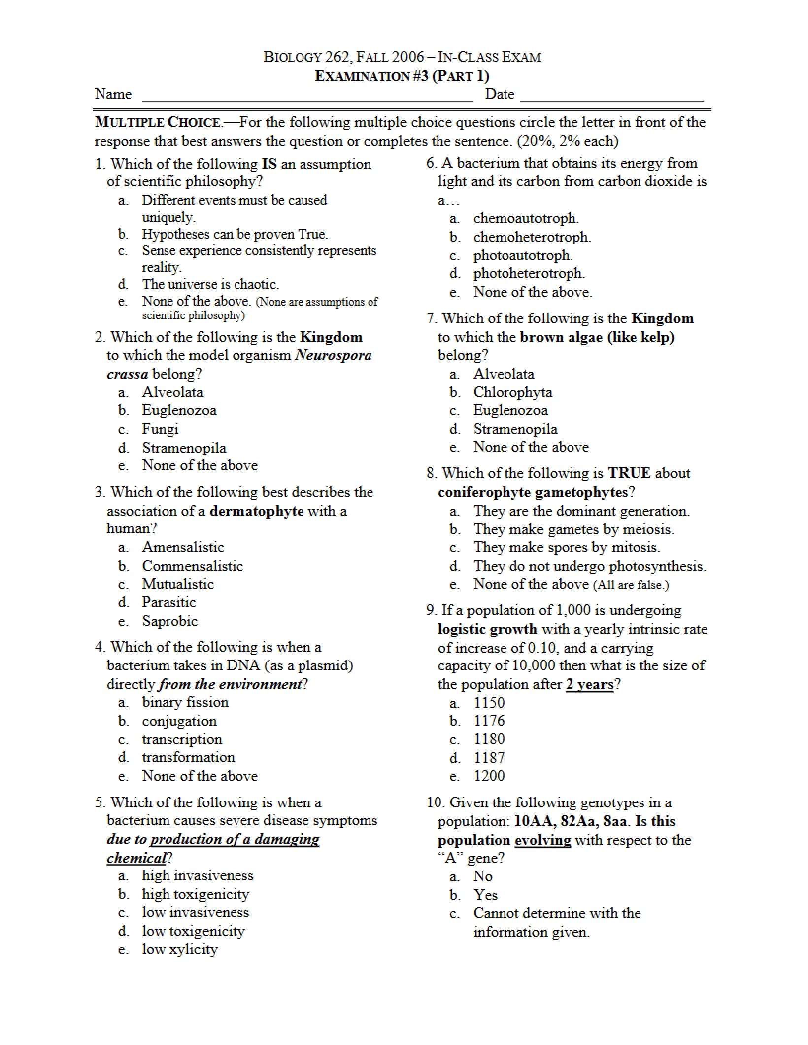 Examination for Principles of Biology (20)