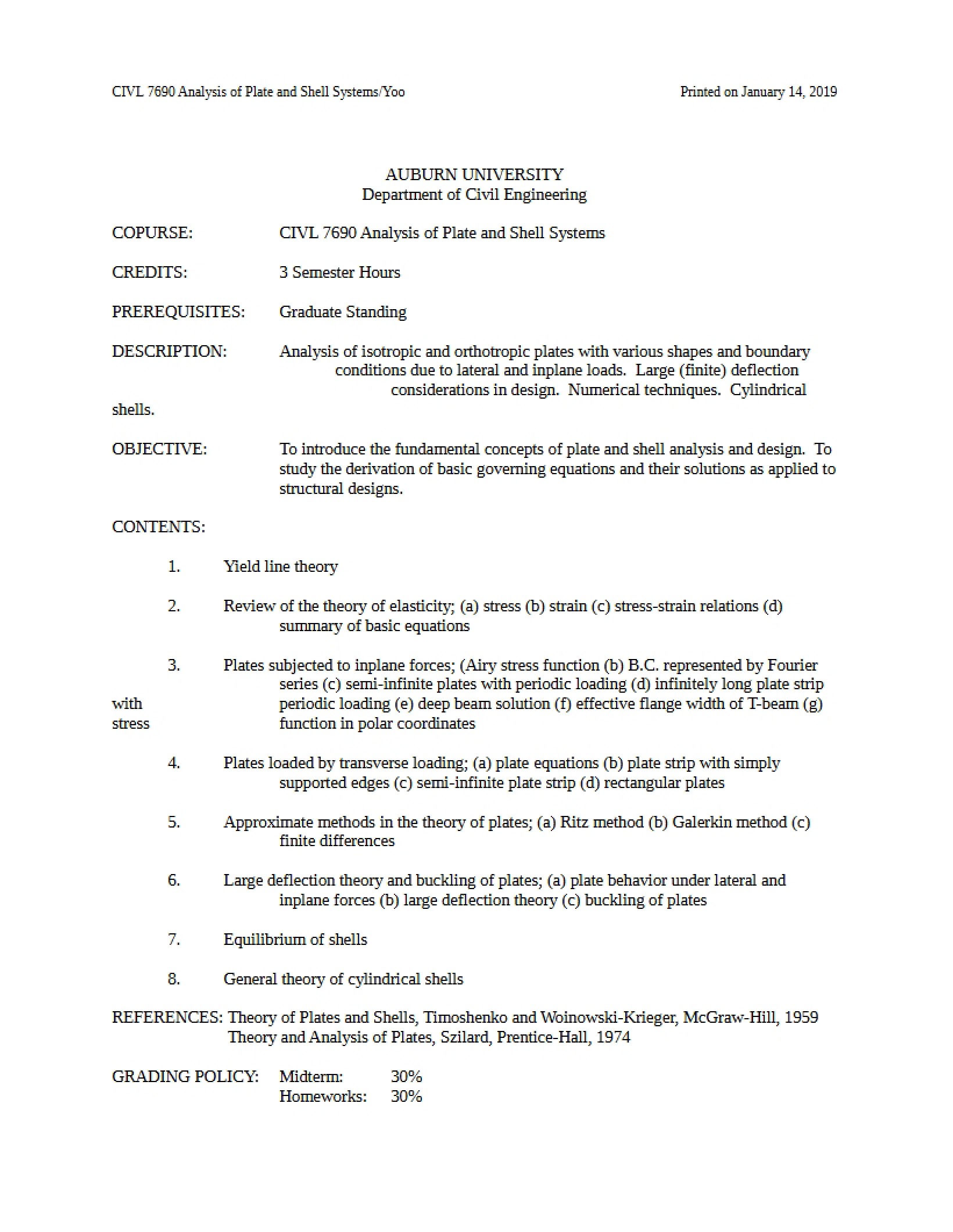 Syllabus for Plate and Shell Systems Analysis