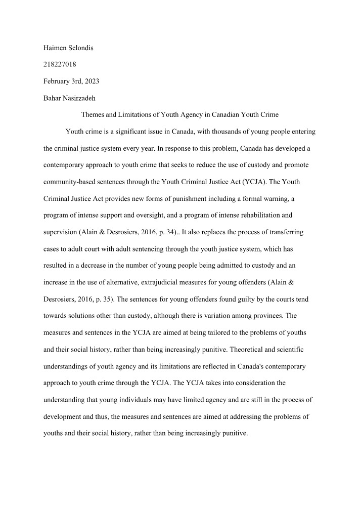 Youth Agency in Canadian Crime - Themes and Limitations