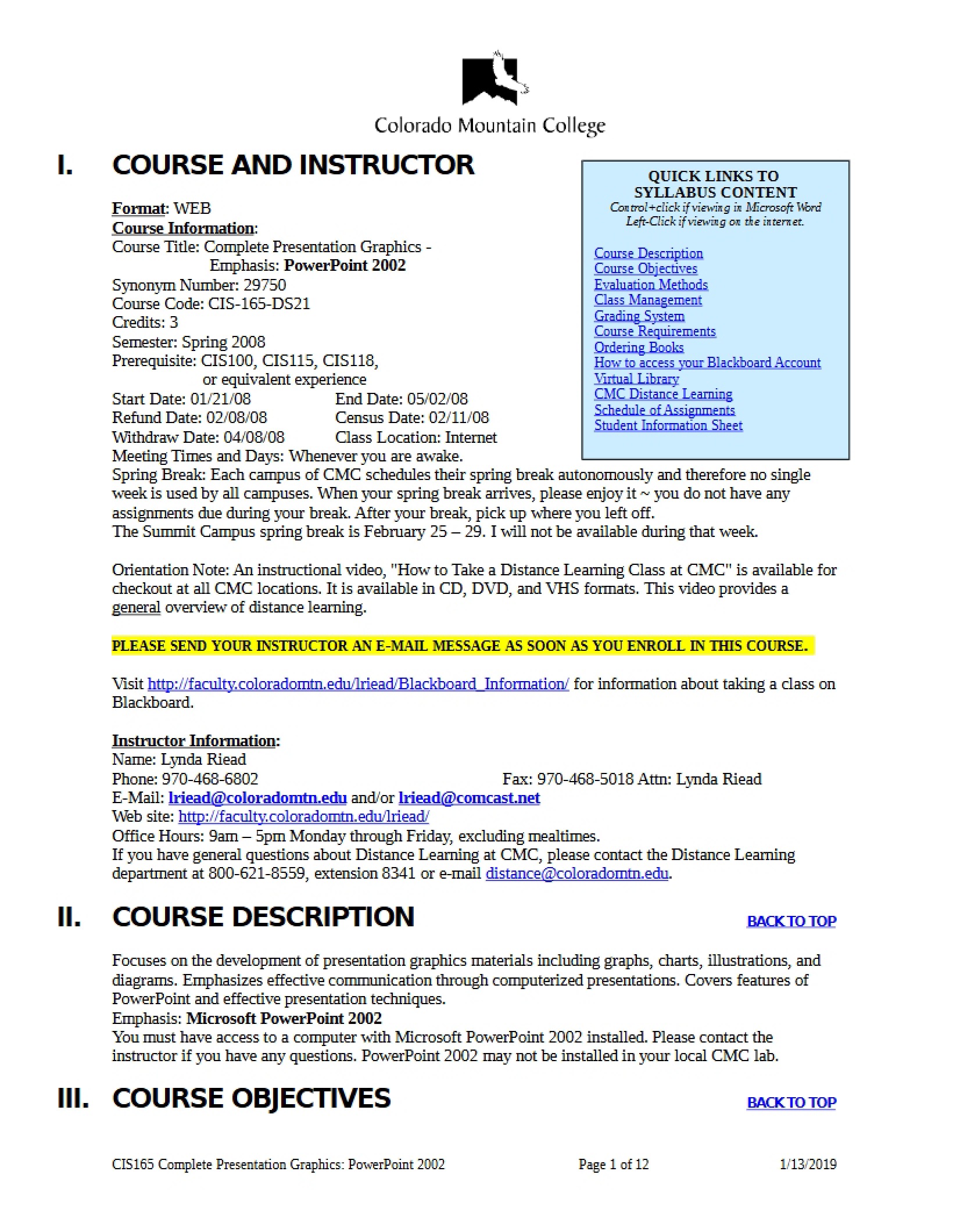 Syllabus for Presentation Graphics