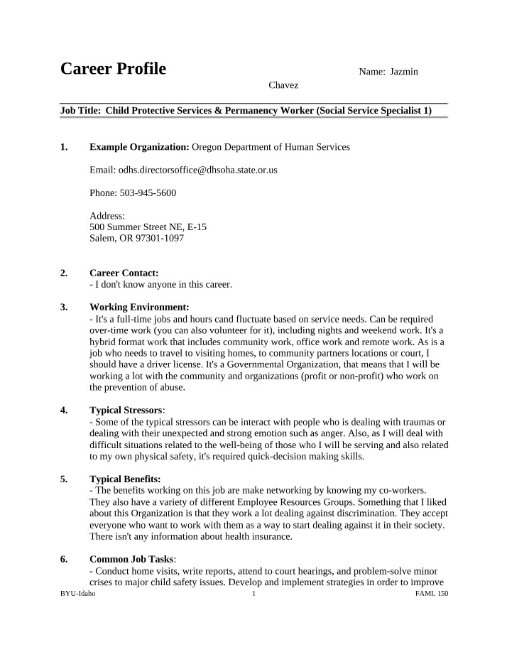 FAML 150 Career Profile Document
