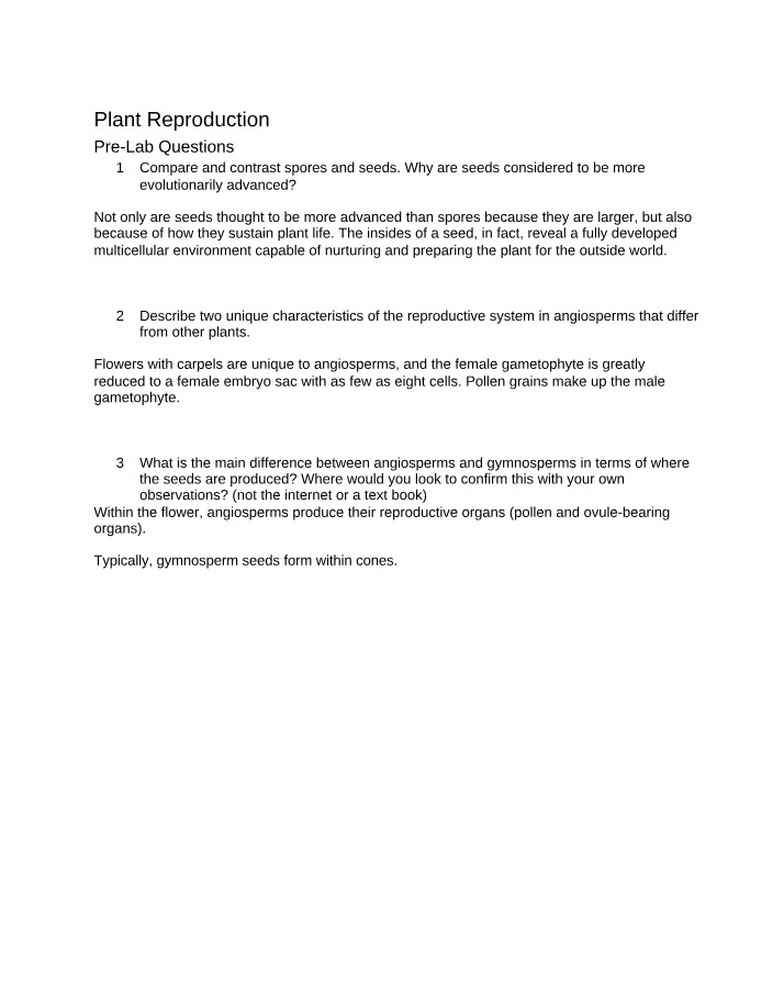 Lab Questions on Plant Reproduction and Fruit Anatomy