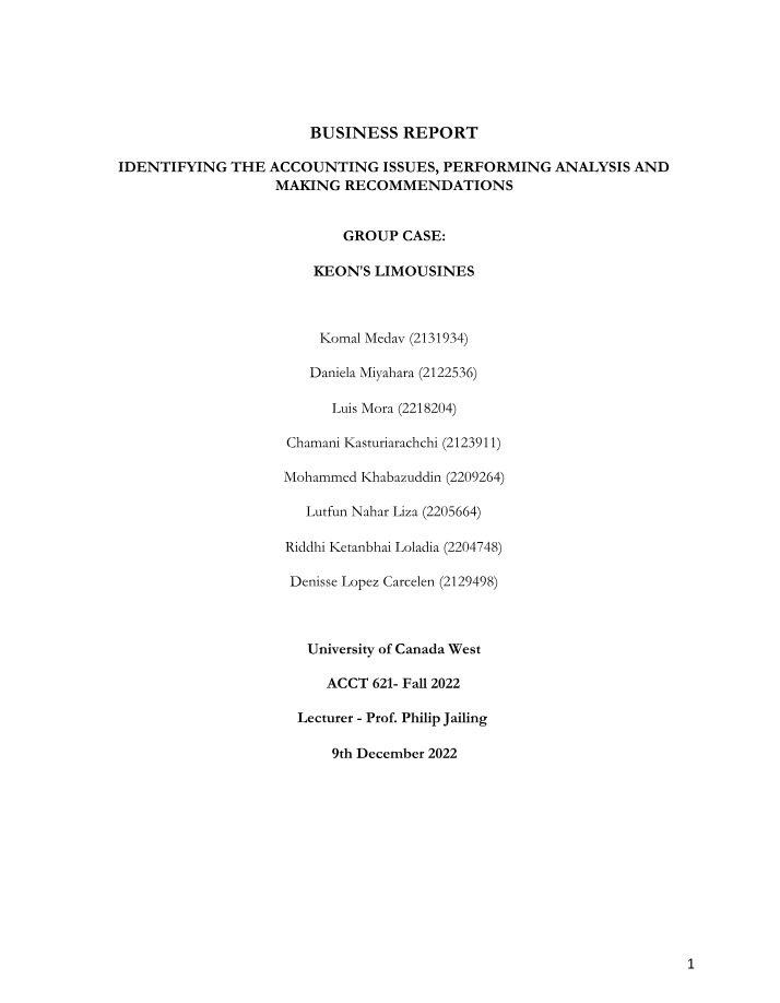 Accounting Issues and Recommendations for Keon's Limousines