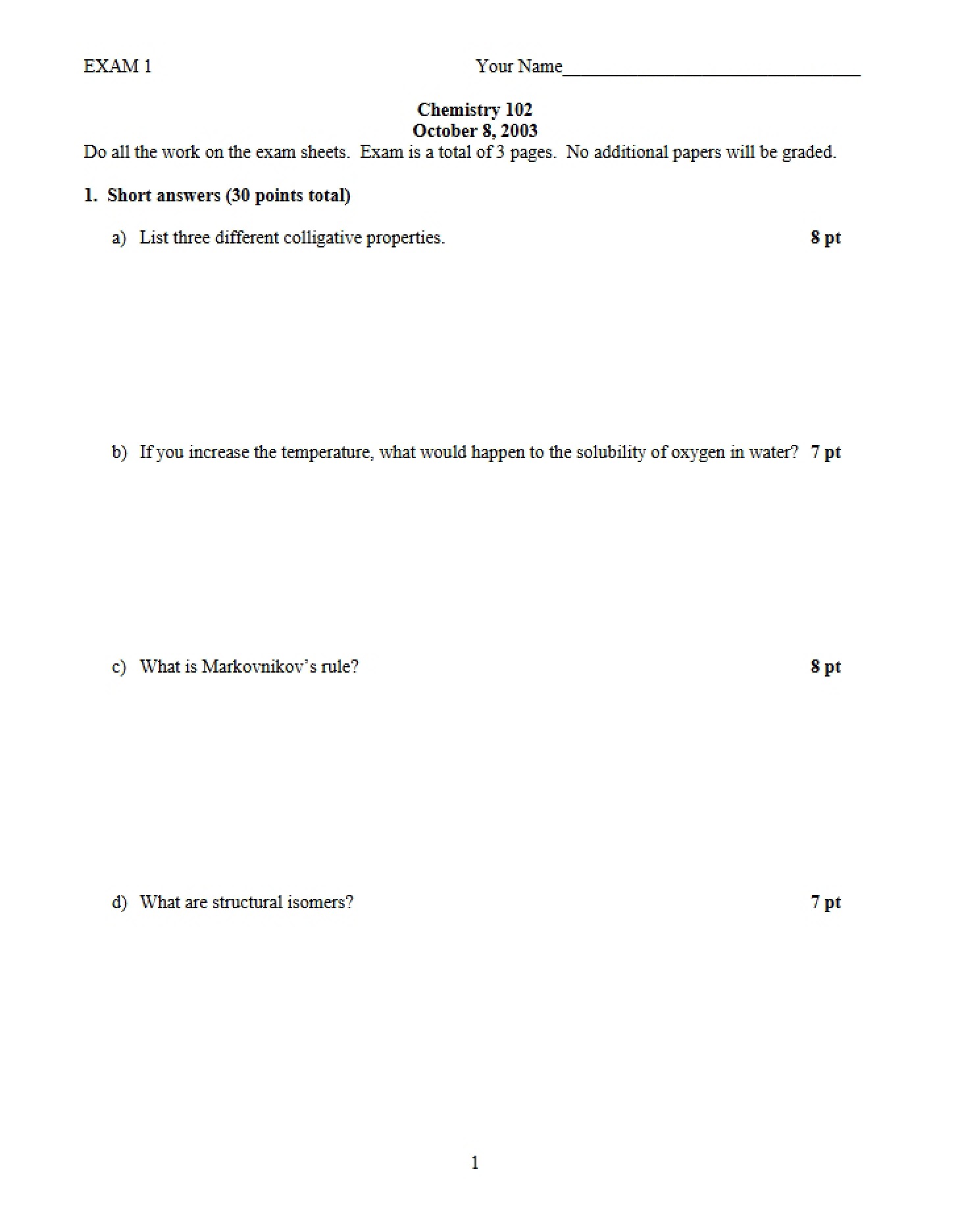 Exam for CHEM 102