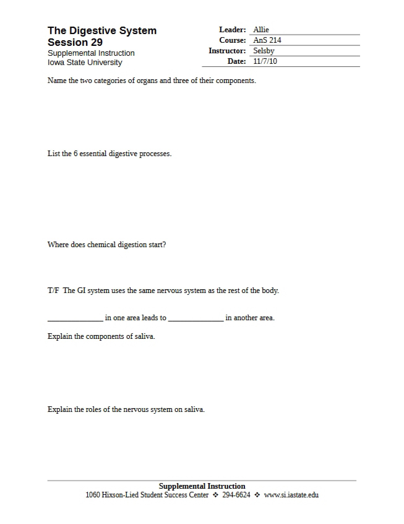 Session Notes on the Digestive System from July 29, 2010