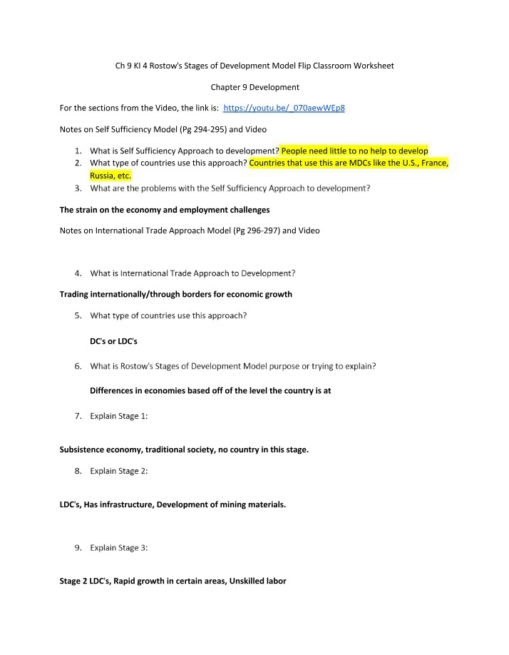 Worksheet for Rostow's Stages of Development Model