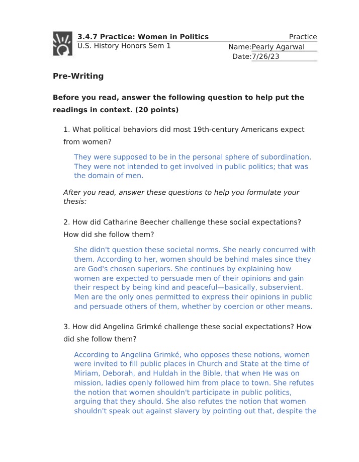 Women in Politics - Practice Exercises