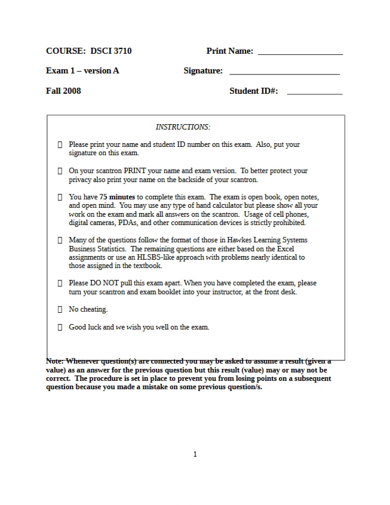 Key for Fall 2008 Exam 1A