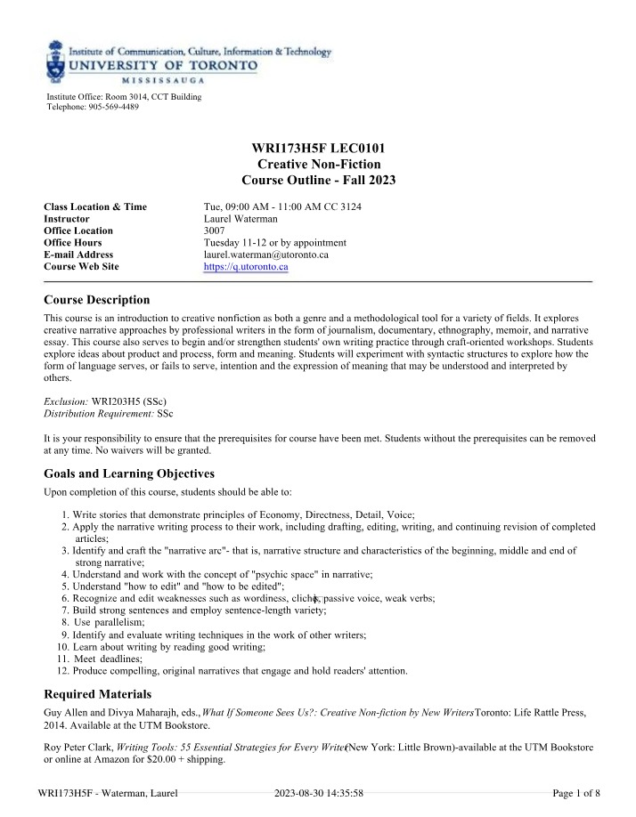 WRI173H5F Course Syllabus - Lecture 0101
