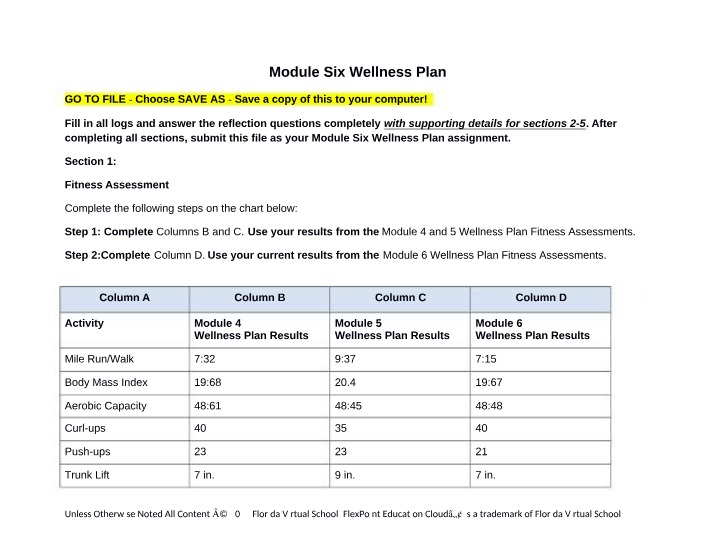 Module Six Wellness Plan - Flexibility and Fitness Assessment