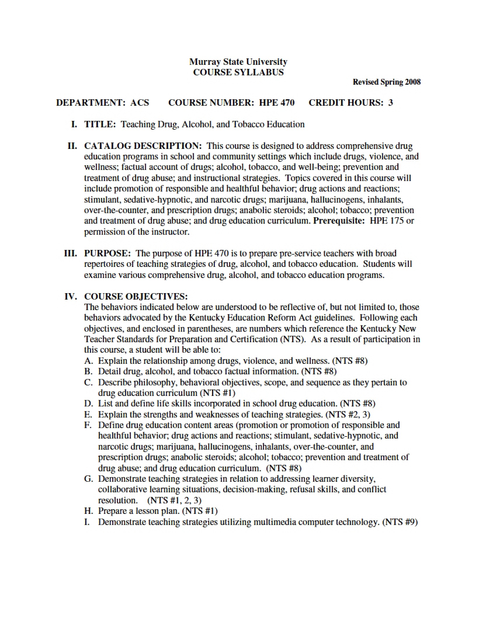 Syllabus - Teaching Drug, Alcohol, and Tobacco Education