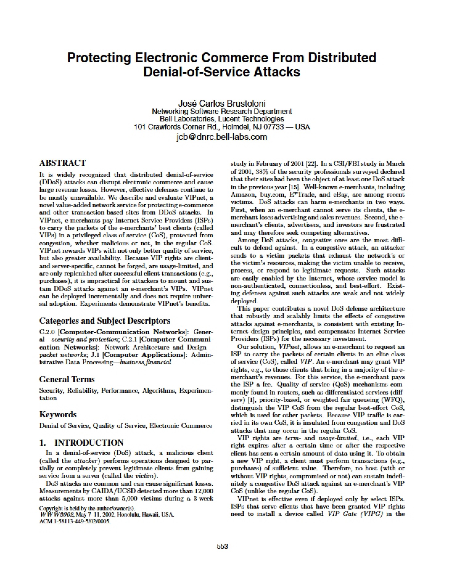 Distributed Denial-of-Service Attacks Protecting Electronic Commerce