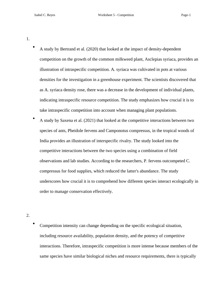 Worksheet on Competition in Ecological Interactions