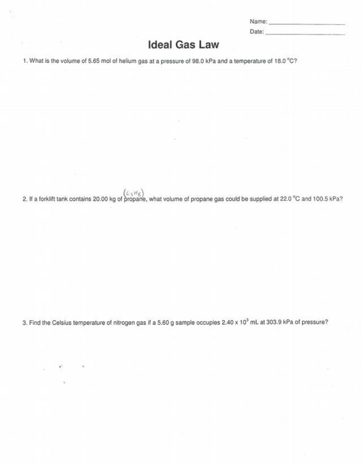 Worksheet on the Ideal Gas Law