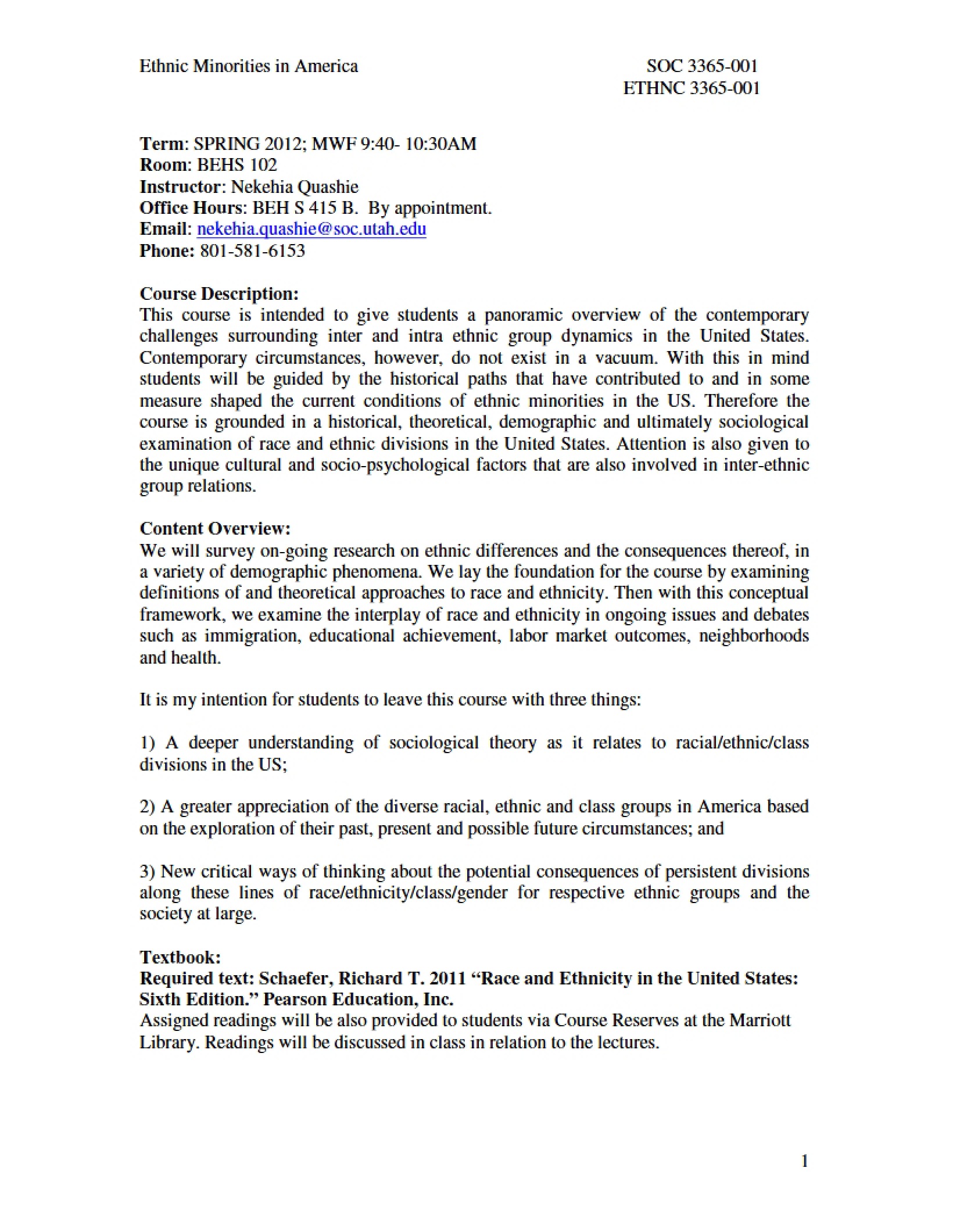 Syllabus for American Ethnic Minorities