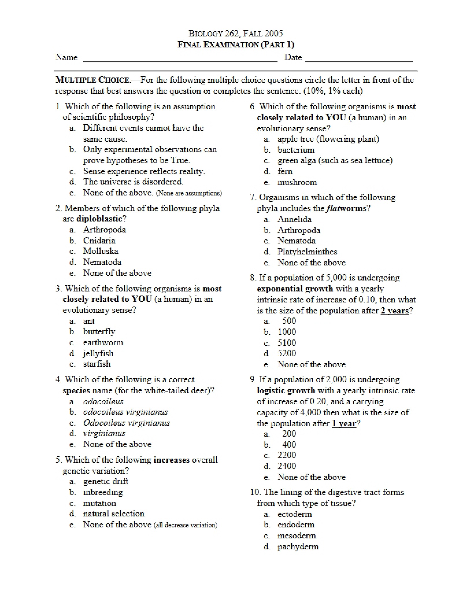 Examination for Principles of Biology