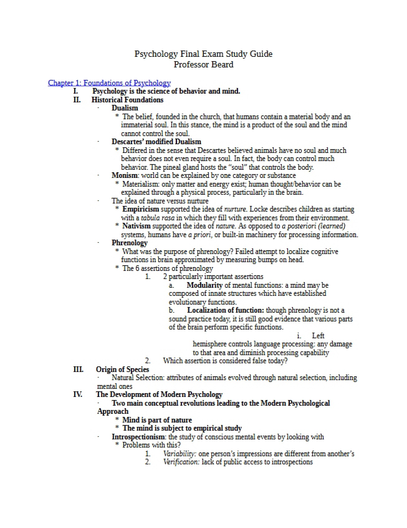 Study Guide for Psychology Final Exam
