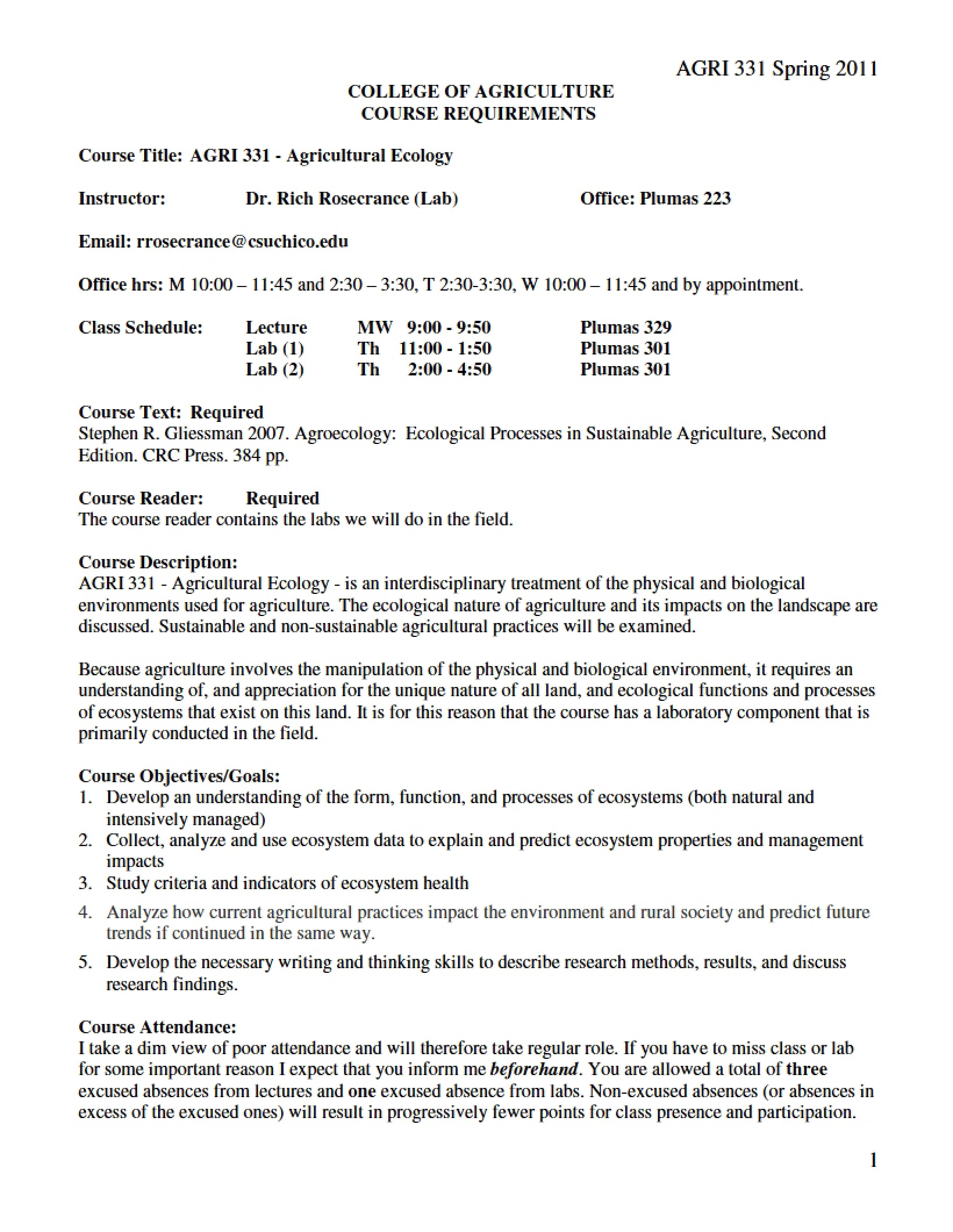Course Outline for Ag Ecology