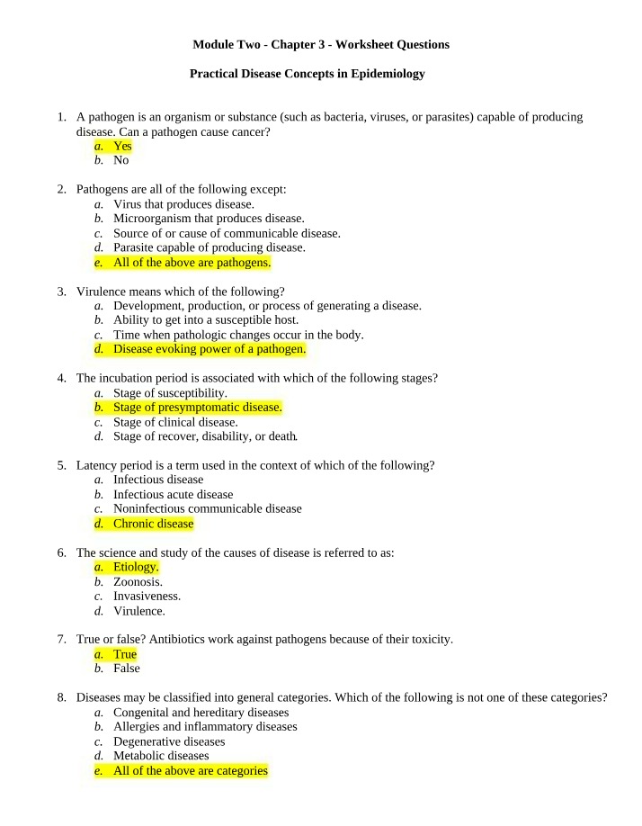 Worksheet Questions on Practical Disease Concepts in Epidemiology