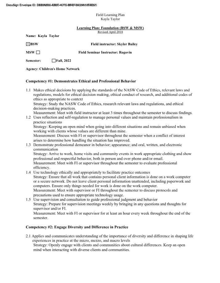 Field Placement Learning Plan