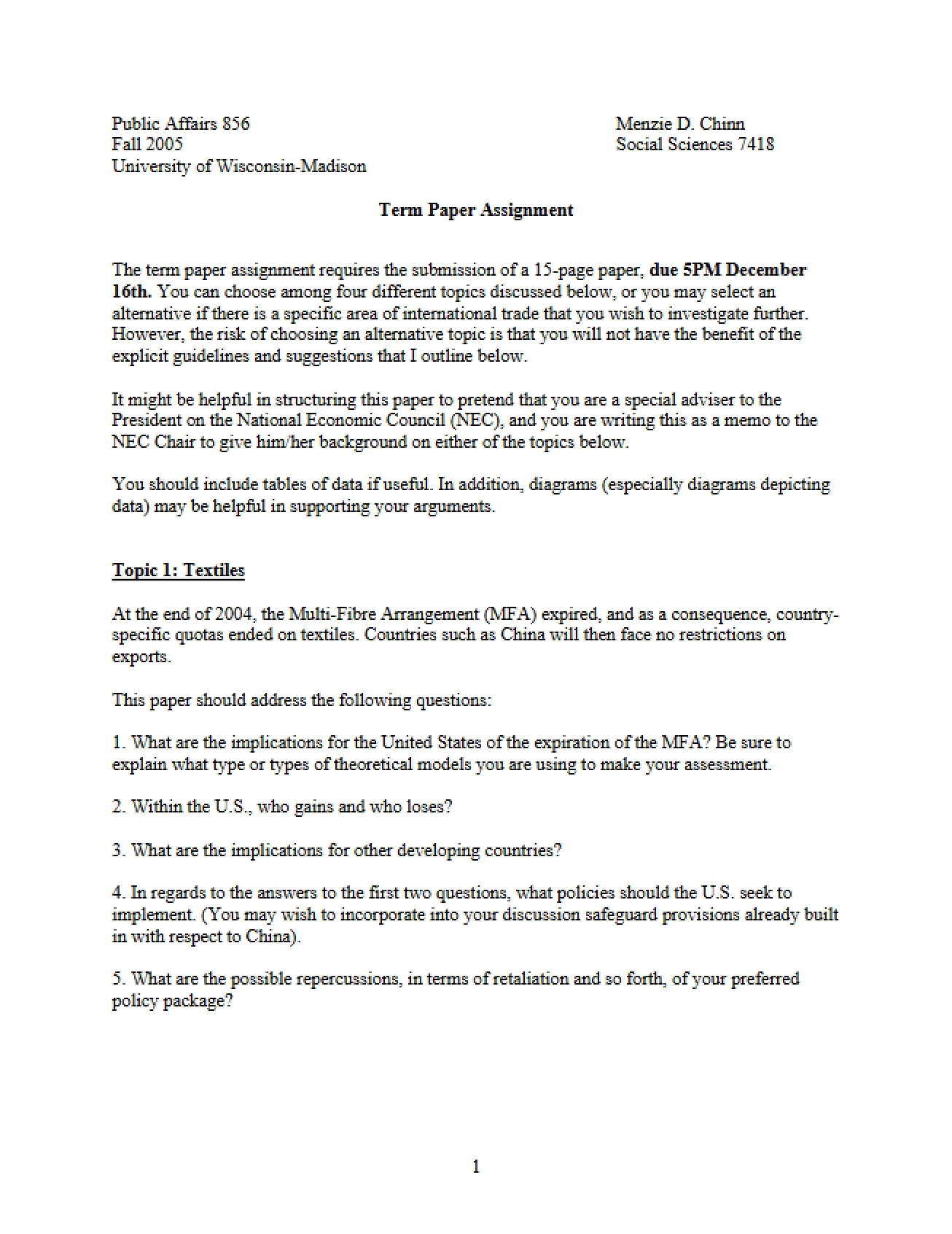 Assignment for Term Paper - 3 Pages