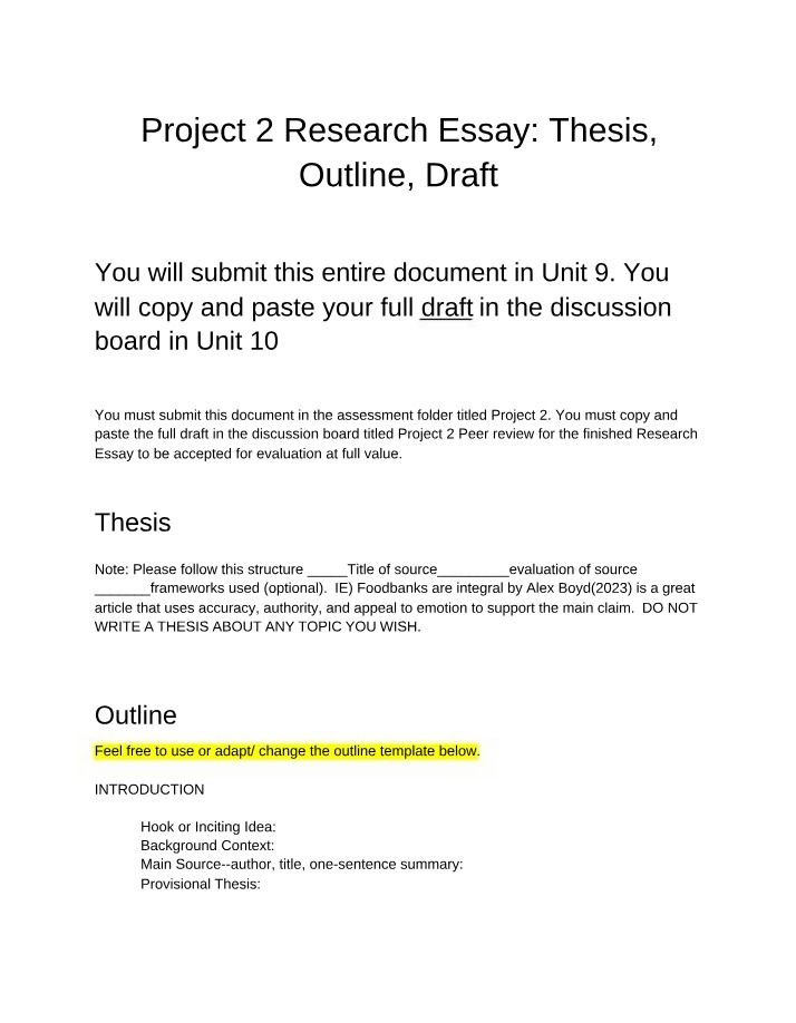 Thesis, Outline, and Draft for Project 2 Research Essay