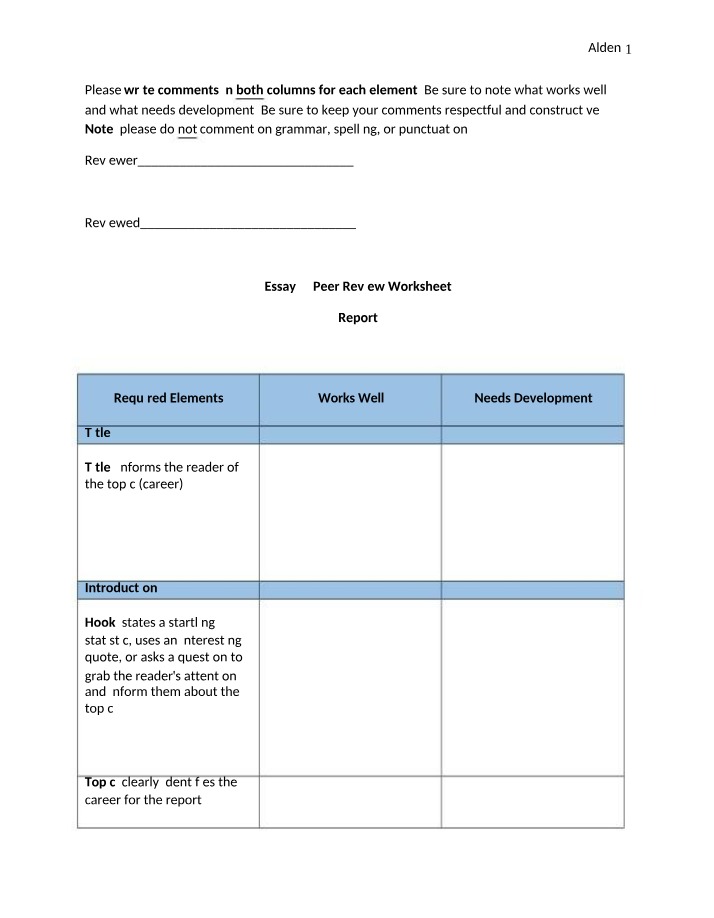 Peer Review Worksheet for Constructive Career Feedback