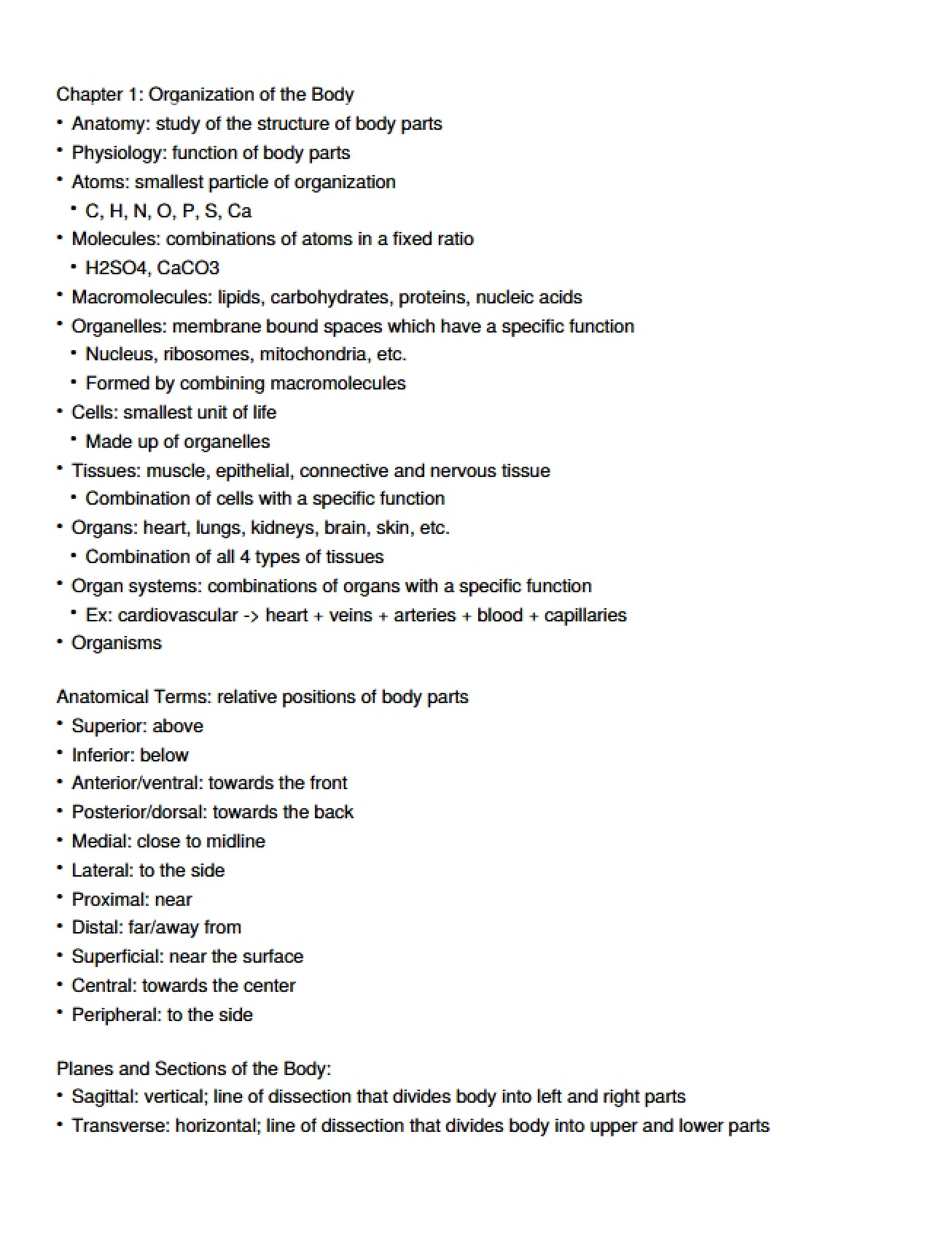 Body Organization Chapter 1
