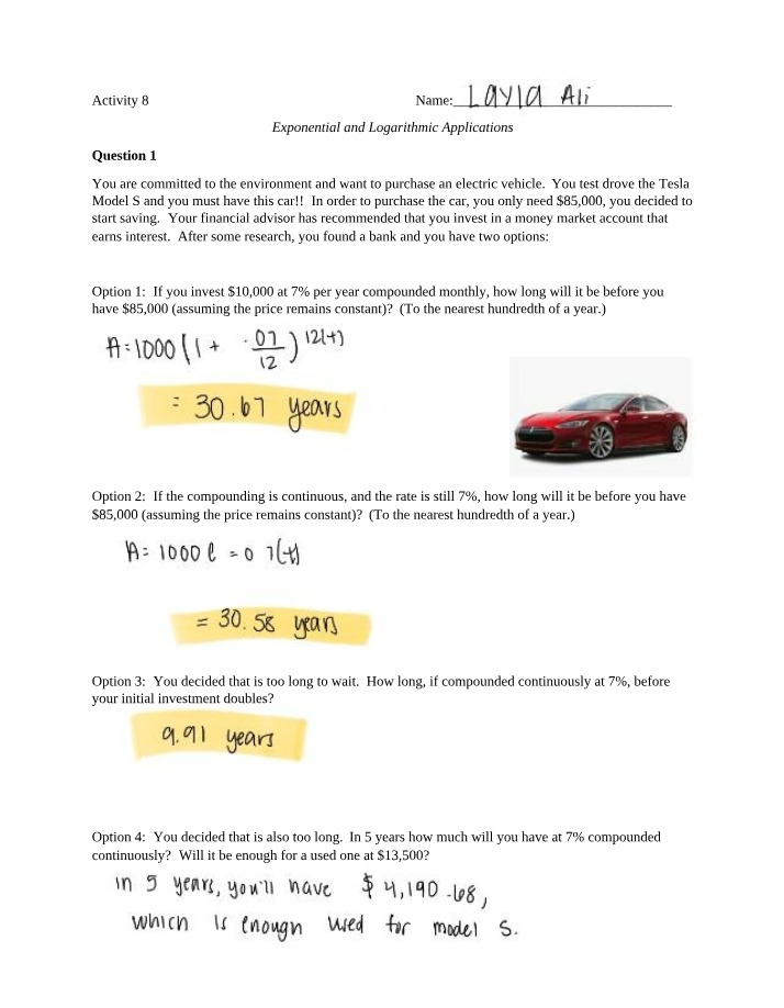 Saving for a Tesla - Exponential and Logarithmic Applications