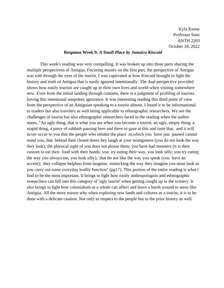 Week 9 Response - A Small Place by Jamaica Kincaid