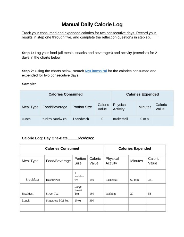 Daily Calorie Log and Activity Tracker Manual