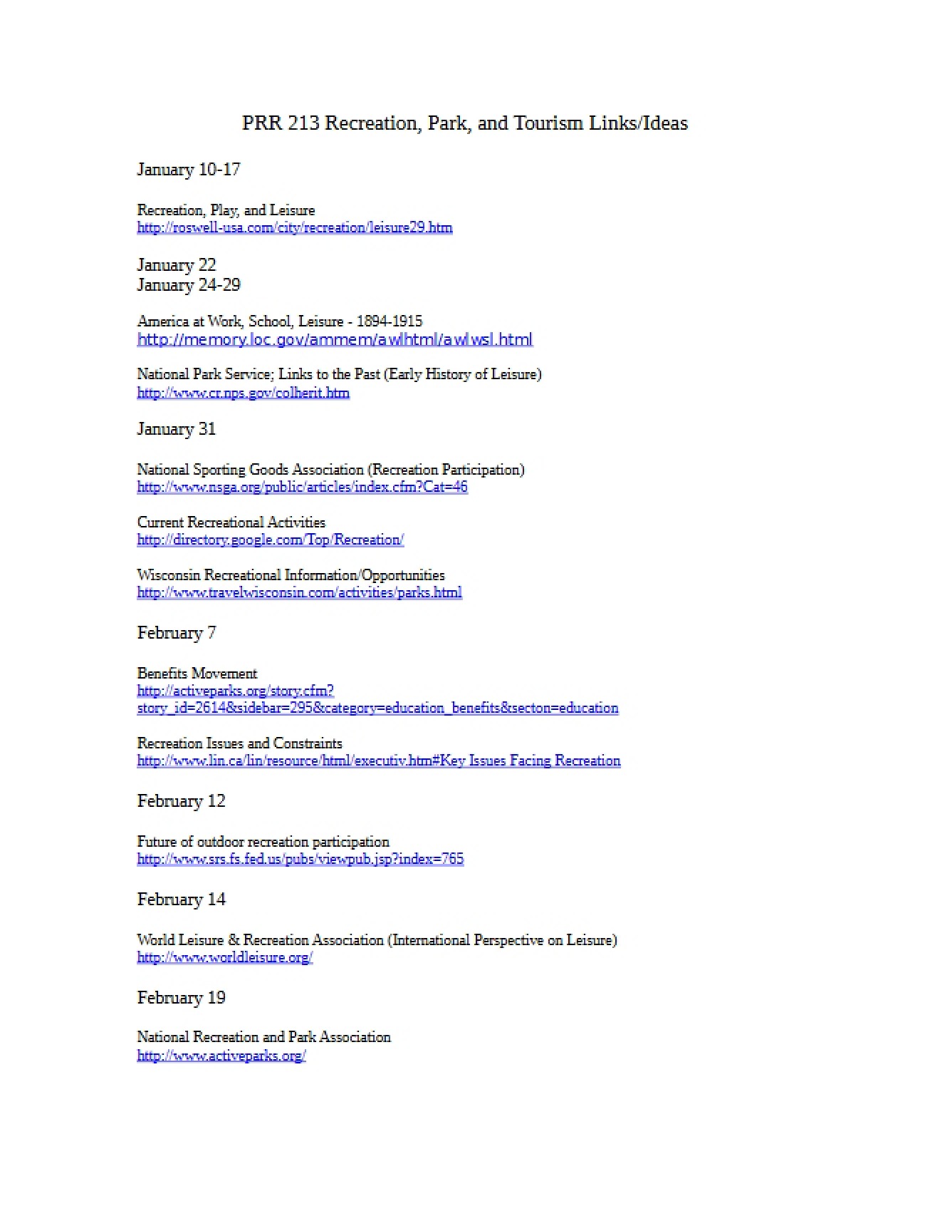 Ideas and Links for Recreation, Park, and Tourism